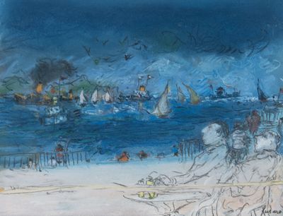 tableau représentant une scène de plage avec des personnes assises sur le sable et des bateaux dans l'eau
