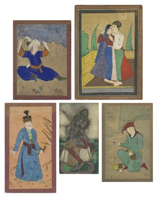 four paintings of people in oriental clothing are displayed on a white surface