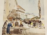a painting of a group of people at an outdoor market