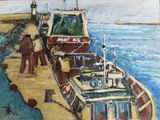 a painting of a boat on the water with people on it