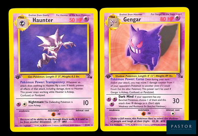 two pokemon cards with a purple and yellow design on them