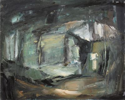 une peinture à l'huile représentant un homme debout dans une pièce avec un cheval