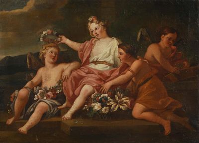 tableau représentant un groupe d'enfants assis sur un rebord, entourés de fleurs