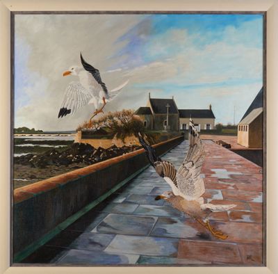 a painting of a seagull flying over a brick walkway