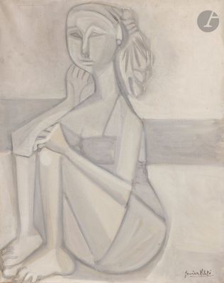 tableau représentant une femme assise sur la plage, la main posée sur le visage