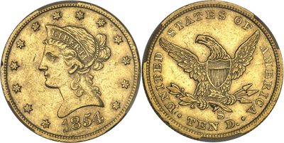a gold coin with an eagle on the front and a woman ' s head on the back