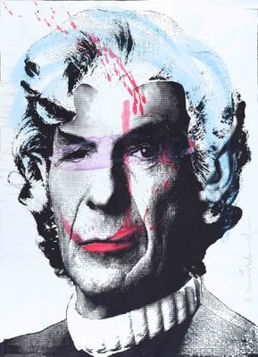 painting of a man with a clown ' s face painted on a wall