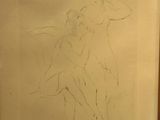 framed drawing of a woman in a dress sitting on a chair