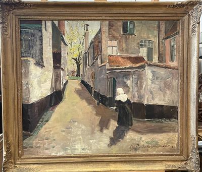 an oil painting of a woman walking down a street next to a building