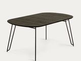 a black table with black legs and a wooden top
