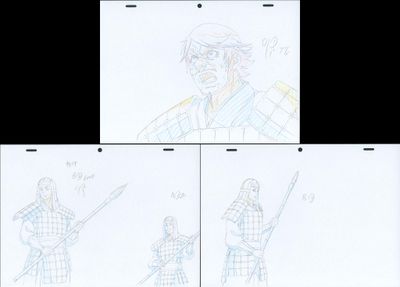 four sketches of a man with a sword and a sword in his hand