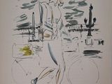 drawing of a woman in a white dress and hat walking by a fountain