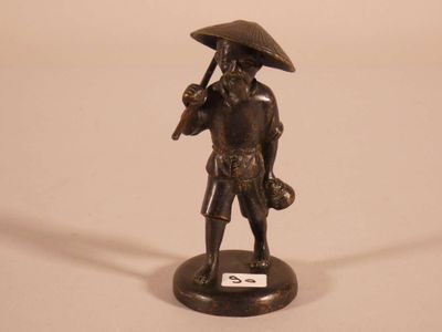 a bronze statue of a man with a hat and a cane