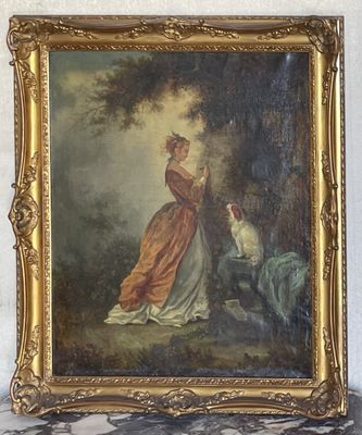 painting of a woman and a dog in a wooded setting