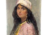 une peinture à l'huile représentant une femme vêtue d'une robe rose et d'un chapeau blanc