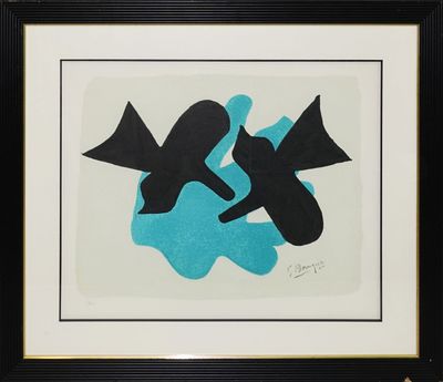 un tableau noir et bleu, encadré de noir, accroché à un mur blanc