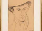 drawing of a man in a hat and scarf in a gold frame