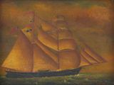 une vieille peinture représentant un voilier en mer, arborant un drapeau