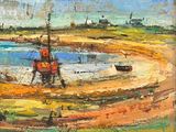 an oil painting of a boat on a beach near a body of water