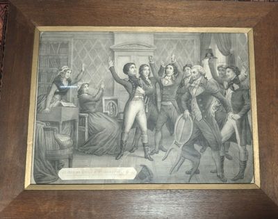painting of a group of people in a room with a clock