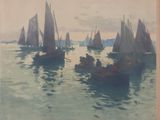 painting of a group of sailboats in a body of water