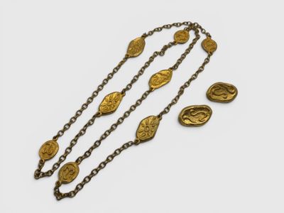 a close up of a chain with gold coins on it