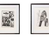 two black and white drawings of a man and a woman in front of a window