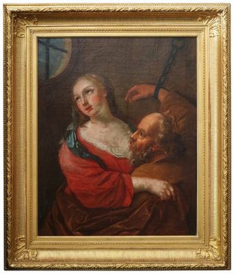 un tableau représentant une femme et un homme en robe rouge