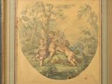 painting of a couple of cherensils in a wooded setting