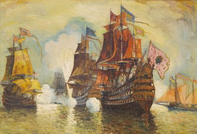 une image représentant un tableau où l'on voit deux navires sur un plan d'eau