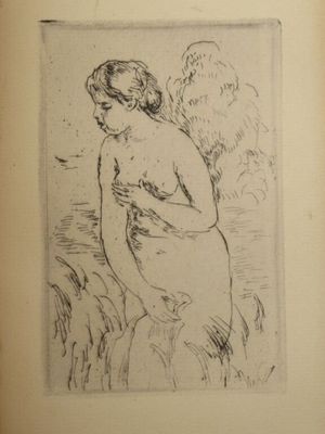 un vieux livre avec le dessin d'une femme assise sur un rocher