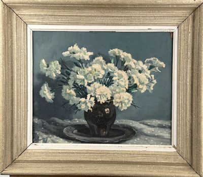 painting of white flowers in a black vase on a table