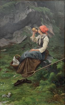 une image représentant un tableau d'une femme assise dans l'herbe