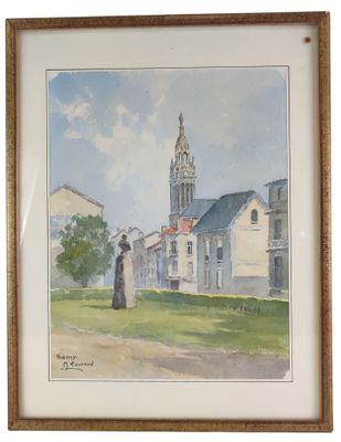 aquarelle encadrée représentant une église avec une statue devant