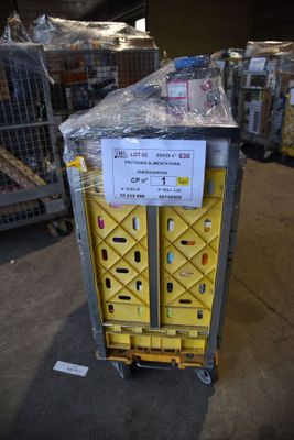 a cart with a sign on it sitting in a warehouse