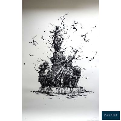 an image of a drawing of a statue with birds flying around it