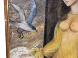 a painting of a woman with a bird in the background