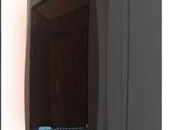 a black computer case sitting on wheels on a white surface