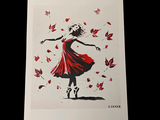 un dessin représentant une femme en robe rouge, entourée de feuilles rouges qui virevoltent autour d'elle
