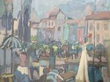 une peinture à l'huile représentant une rue de la ville avec des gens assis à des tables