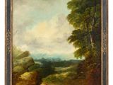 an oil painting of a landscape with cattle grazing in a field