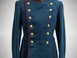 a blue military jacket with red trims and gold buttons