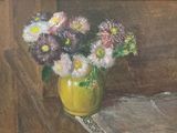 a painting of flowers in a yellow vase on a table