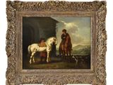une image représentant un tableau où l'on voit un homme avec un cheval et un chien