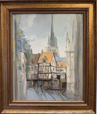 an oil painting of a street scene with a church in the background