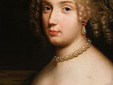 a painting of a woman in a blue dress with a pearl necklace