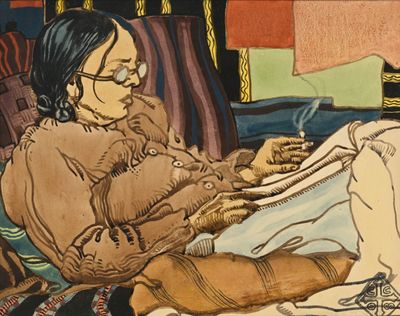 un tableau représentant une femme assise sur une chaise en train de lire un livre