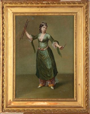 un tableau représentant une femme en robe verte tenant une baguette magique