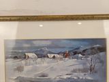 painting of a snowy landscape with a red barn in the distance