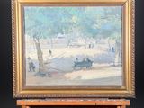 an oil painting of a park scene with people sitting on a bench